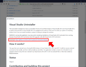Visual Studio UninstallerのDownloadリンクをクリック